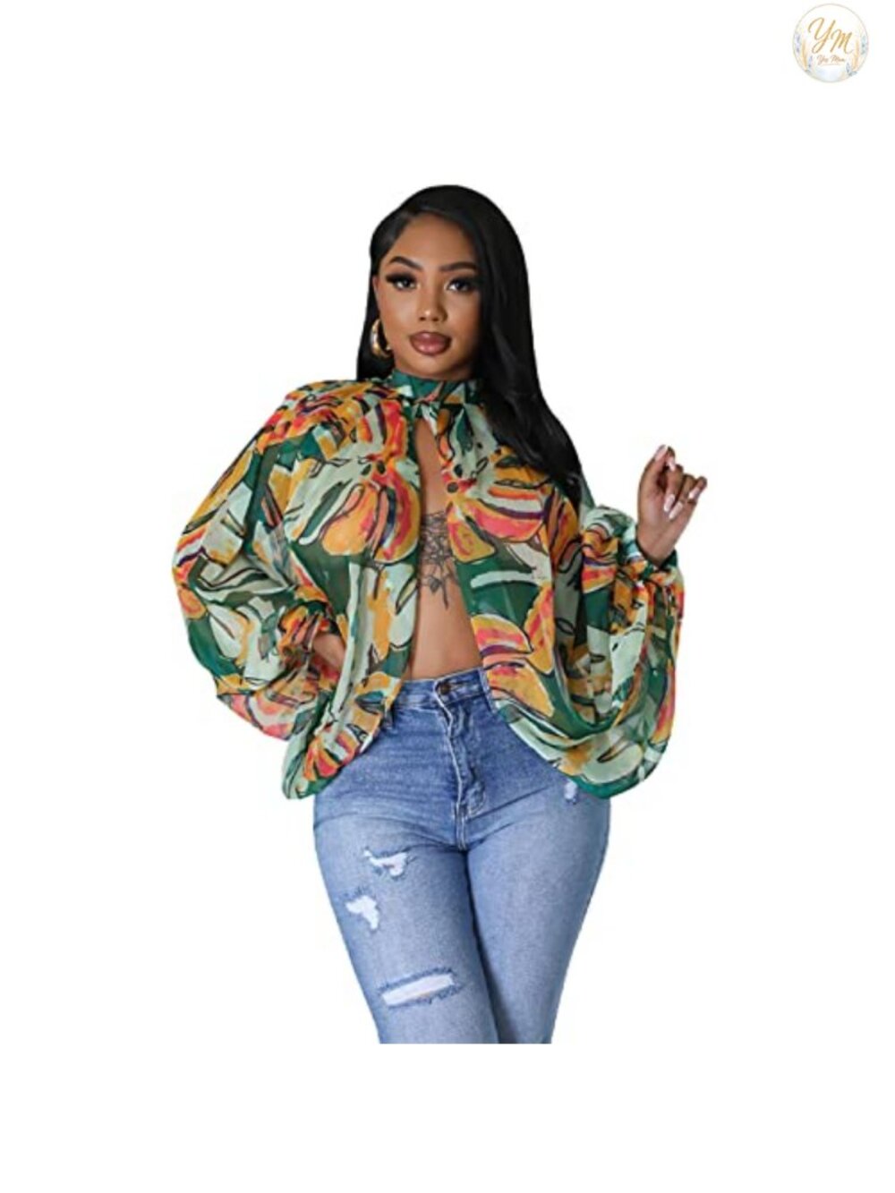 Chiffon Sheer See Through Blouse Lantern Sleeve Mock Neck Open Back Women's Top